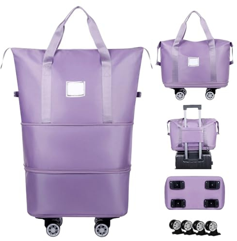 Borsa da viaggio con ruote, 28 – 58 l con funzione trolley, pieghevole, espandibile, borsa da viaggio con ruote, borsa pieghevole, borsa da viaggio, borsa da viaggio, borsa da uomo e da donna, Lilla,