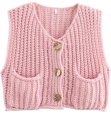 Caziffer Women Knitted Waistcoats Gilets Knitted Vest Pure Color Sleeveless Vest with Pockets Buttoned Casual Cardigan for Women (Pink, L)