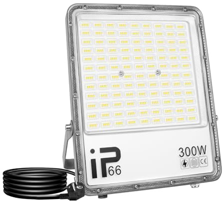 RIGIDON LED Strahler Außen mit Stecker, 300W 30000LM 6000K Kaltweiß Fluter | IP66 Wasserdicht Led Scheinwerfer Flutlicht Außenstrahler für Garten, Innenhöfe, Garage, Sportplatz, Terrassen, Werkstatt