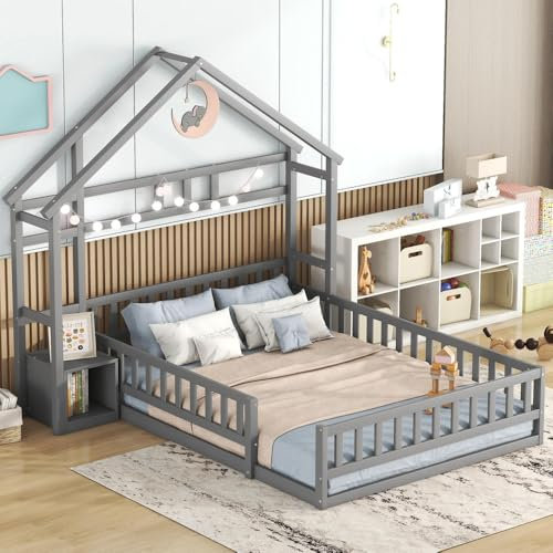 ZJBFXY88 140 x 200cm Kinderbetten, Flachbetten, Hausbetten mit Geländer, Kinderbetten mit Nachttischen, Grau
