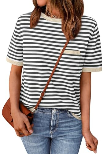 LILLUSORY Womens Spring Short Sleeve Sweater Shirts Tops Summer 2026 Cute Business Dressy Casual Teacher Trendy Outfits Clothes Blouse Work School Vacation Fashion Cotton Striped Apricot Black M