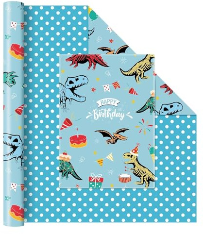 WERNNSAI Dinosaurier Geschenkpapier – 1 Rolle Geburtstag Geschenkpapier Junge Kinder Jumbo Rolle Blaue Dino Geschenk Verpackung Kindergeburtstagsparty Dekoration mit Schnittlinien 43cm x 20m