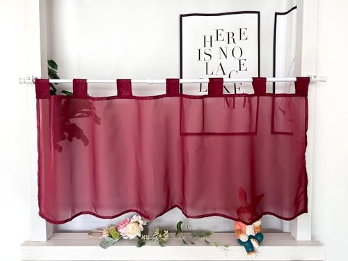 Devola Scheibengardine Voile Einfarbig Schlaufen HxB30x90cm Weinrot 1Stück | Modern Bistrogardine Transparent Kurzgardine mit Schlaufen Kurzer Fenstervorhang für Küchenfenster Wohnzimmer Landhaus