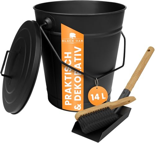 BLACK OAK Etna - Secchio per cenere, 14 l, set di paletta e scopa, colore nero, rotondo, con coperchio, grande, 14 litri, in acciaio zincato a prova di fuoco, verniciato a polvere, per cenere e