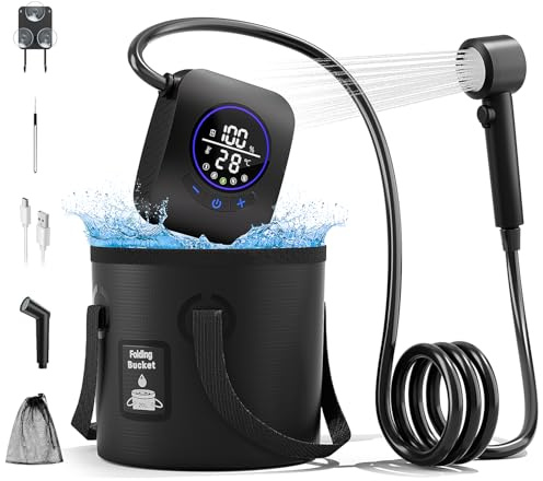 Moriko Portable Shower for Camping, 8000mAh Rechargeable Camping Shower Pump, 5 Shower Modes & IPX8 Waterproof, 5 Gallons Foldable Bucket, Outdoor Shower for Hiking, Travel, Car, Pet, Beach, RV, Boat