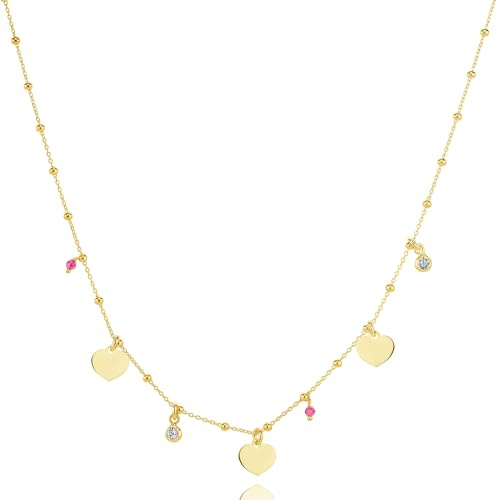 Miore Collar Mujer de Plata de Ley 925 Bañado en Oro de 18K 750, Collar con 3 Colgantes Corazón de Oro y 4 Cuentas, Cadena de 45 cm (4 cm de Extensión) Hecha a Mano en Italia, Joyas Dorados con Joyero