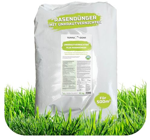 TerraDomi 2 in 1 Rasendünger mit Unkrautvernichter 10kg für über 500 m² | 100 Tage Langzeitwirkung | Unkrautfrei & saftig grüner Rasen dank Rasenunkrautvernichter mit Dünger