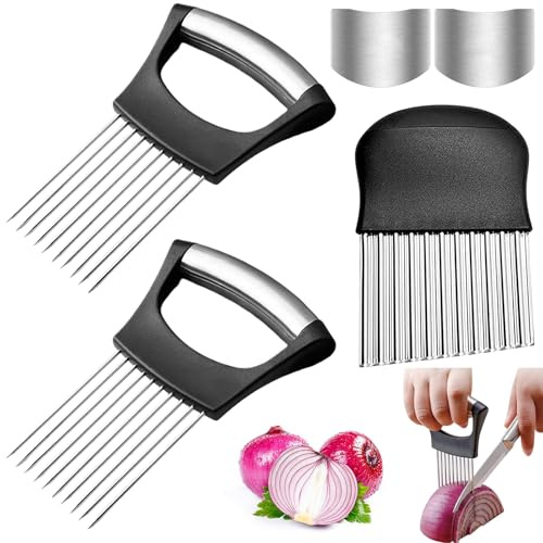 XSHAO® Cortador de cebolla, soporte para cebolla, acero inoxidable, con cortador ondulado, verduras y 2 protectores de dedos, corte para patatas, zanahorias, cebollas, verduras, carne, 2 unidades
