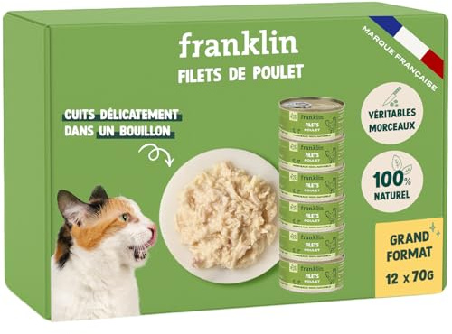 FRANKLIN – Nourriture Humide pour Chat – Filet Poulet cuit au Bouillon – 100% Naturel, sans Additifs – Texture Savoureuse – Riche en Protéines – Faible en Calories – Tout Âge – Lot 12 x 70g