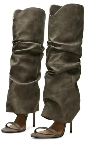 Yishaweiqi Slouched Ruched Knee High Heels for Women Round Open Toe Stiletto Heels Pull On Wide Calf Sandals