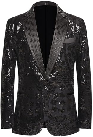 PYJTRL Broderad paljett blommönster blazer jacka med strass hack krage för bröllopsfest bal, Svart, XXL