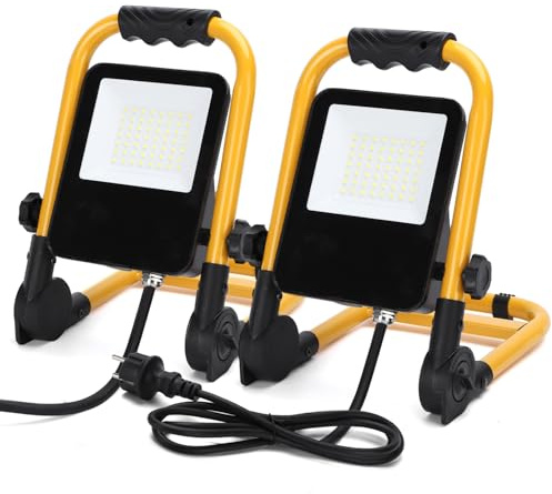 Aigostar Foco de Trabajo LED 50W 4500LM Foco LED Portátil con Enchufe, IP65 Impermeable Soporte plegable, para Uso en Interiores y Exteriores, para Obra, Taller, Garaje,6500K Luz Blanca, 2 pcs