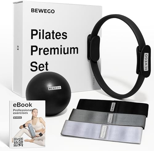 Bewego Pilates Set für Zuhause – Pilates Zubehör Set mit Gymnastikball, Yoga Ring, Resistance Bands & Gewichtsmanschetten. Pilates Essential Kit in Geschenkbox, Schwarz/Grau