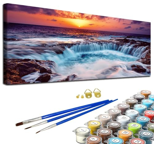 JATOK Paint by Numbers for Adults, Sunset Tidal Falls, 90 x 40 cm, Unframed | Large rolled coloured pre-printed canvas, acrylic painting kit, beginner DIY craft, unframed wall décor, landscape design