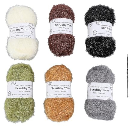 Hiraith 6 Rolls Scrubby Yarn Soft Cotton Thread, Luxury Glitter Sparkle Yarn for Knitting, Crocheting, Crafting Dolls, Bags, Dishcloths, with Stainless Steel