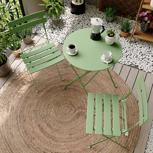 KamerOut 3-teiliges Gartenmöbel Set Faltbarer Bistrotisch mit 2 Stühlen aus Stahl mit Premium Rahmen für Terrasse Garten Balkon und Poolbereich （Salbeigrün）