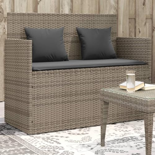 Bucmath Gartenbank mit Kissen Grau Poly Rattan, 120cm Outdoor Bank mit Stauraum, wasserdichtem Beutel, UV-beständig, wetterfest für Garten, Terrasse, Veranda