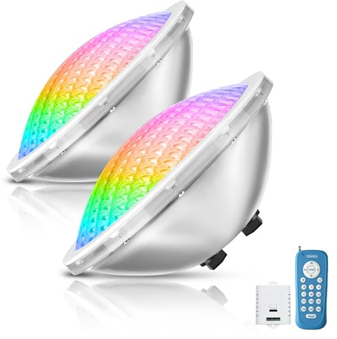 OSREE PAR56 LED Poolbeleuchtung, 30W Unterwasserscheinwerfer RGB Dimmbar Farbwechsel 1200lm, 12V AC Edelstahl 316 Poollampen mit Fernbedienung, 2/4/6H Timer, für Fertig und Betonbecken, 2er-Pack