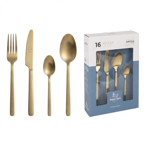 SANTA CLARA | Cubertería completa 16 piezas de acero inoxidable acabado champán PVD, juego de cubiertos con cuchillo, tenedor, cuchara y cucharilla de postre, servicio para 4 personas, modelo Antiga