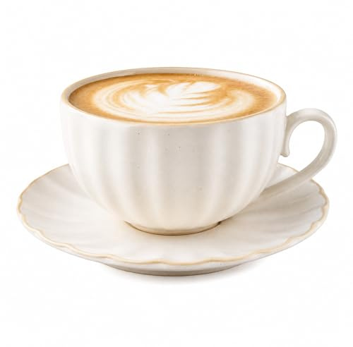 inodiref Cappuccino kopp keramik espressomuggar av hög kvalitet 200 ml kaffekoppar set med fat cappuccino-koppar tjockväggig diskmaskinssäker mikrovågsugnssäker (mattvit)