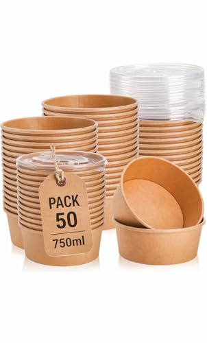 50 x 750ml Kraft Salad Paper Bowls with Lids -Takeaway Bowls for Hot/Cold Food - Leakproof Soup Containers - Carboard Packaging