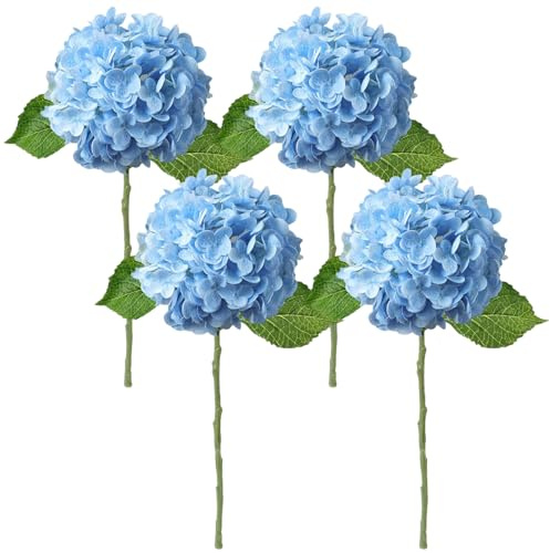 Xoeryoy Flores Artificiales de hortensias Azules, 4 hortensias de imitación de Tacto Real de 20 Pulgadas, Flores de Seda y plástico para centros de Mesa de Bodas, Fiestas al Aire Libre