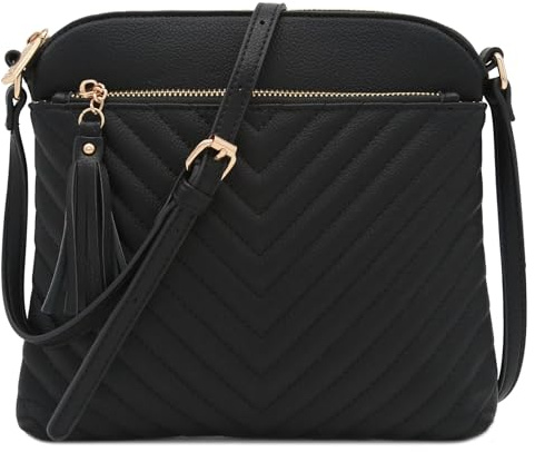 FashionPuzzle Chevron Quilted Medium Crossbody Bag with Tassel Accent (Black)