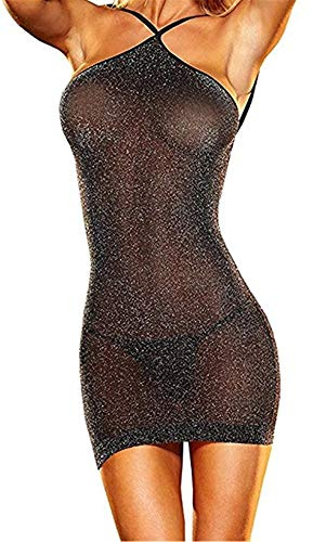 Sxybox Damen Sexy erotische Dessous Transparent Wetlook Minikleid Neckholder Clubwear Bodycon