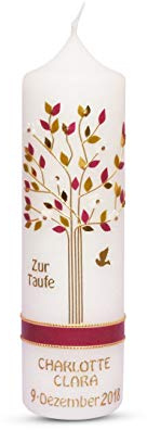 Taufkerze Mädchen mit Name und Datum, Lebensbaum in Brombeere, Lindgrün zur Taufe oder Kommunionkerze, die Taufkerze mit Baum ist modern und individuell, ideal als Taufgeschenk mit Beschriftung 25x7cm