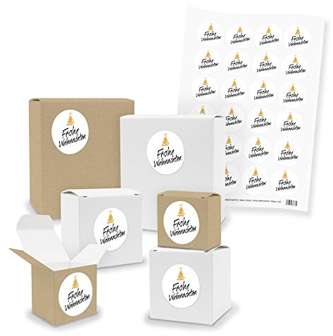 itenga Set 24x Geschenkboxen Schachteln Quader und Würfel gemischt Braun Weiß 24x Sticker Motiv Frohe Weihnachten Schwarz Gold - zum selber Basteln und Befüllen