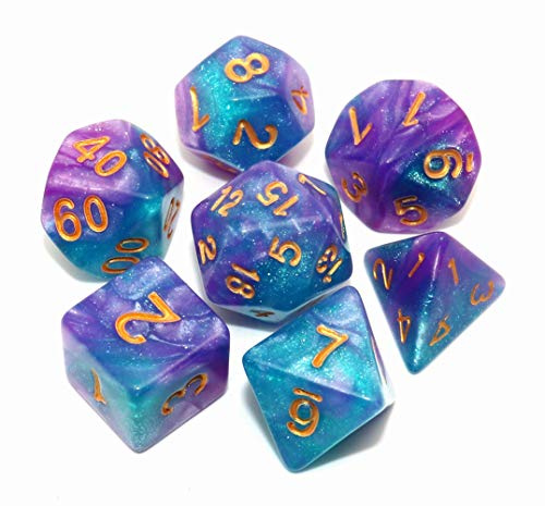 CREEBUY DND tärningsset sjöblå och lila polyhedral RPG tärning för fängelsehålor och drakar D&D rollspel bordsspel glittertärning