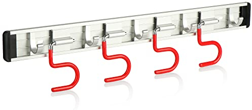 com-four® Geräte- Hakenleiste mit 4 Besenhaken und 5 Haken für kleinere Geräte. (01 Stück - 4 Klemmen + 5 Haken)