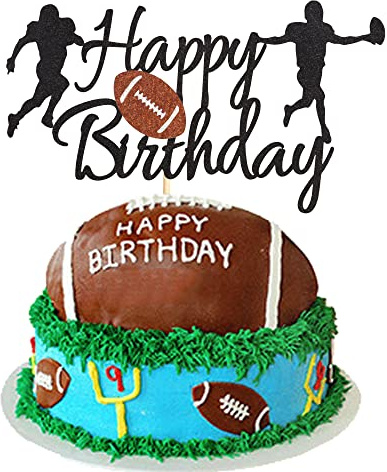 Arthsdite Football Cake Topper - Rugby Ball Happy Birthday Cake Topper for Football / Sport theme for Man Kids Boy Birthday Party decoration - Black Glitter