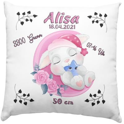 Baby Geschenk Kissen mit Namen und Geburtsdaten - Geburt Junge oder Mädchen Geburtsgeschenk Babykissen -personalisierte Babygeschenke -taufgeschenk von Taufpaten - neugeborenen Hase auf Mond