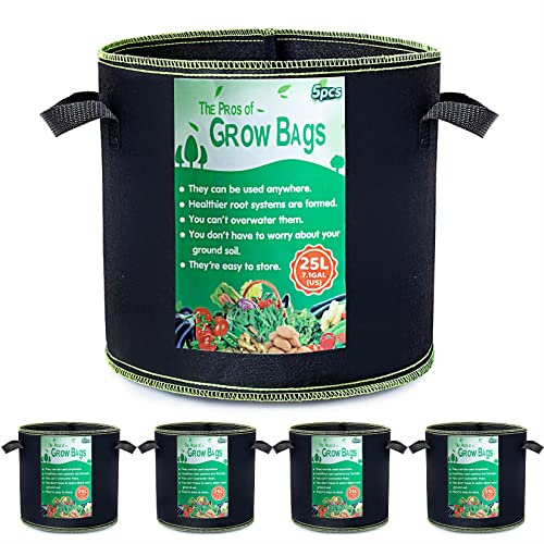 Growerz 5 pack 25L (DIA35 x H28cm) Fabric Grow Pot – Durable Non-Woven PET Plant Container for Air Pruning, Root Health & Drainage – Reusable Pot for Indoor/Outdoor Gardening