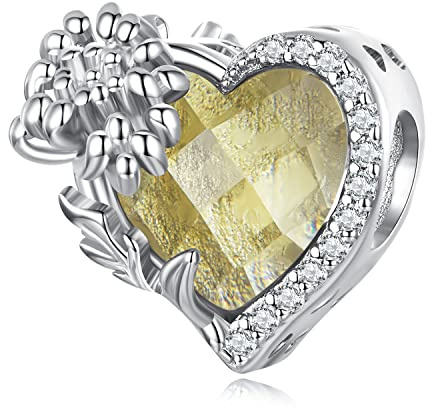 CHENGMEN 925 Sterling Silver Heart Yellow November Birthstone Charms for Bracelet Thanksgiving Gifts for Women Girls Birth Flower Chrysanthemum Jewellery