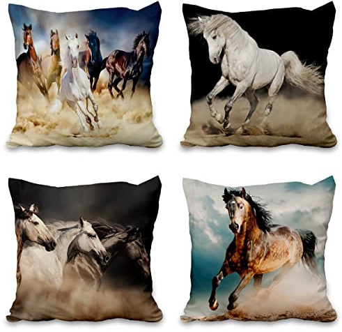 Aoihrraan 61x61cm 4er Set Dekorativ Laufendes Pferd Kissenbezug Realistisch Pferd Herde Tiere Jahrgang Zierkissenbezug Quadratische Couchkissen Dekokissen Sofa Bett Wohnzimmer Draussen Couch