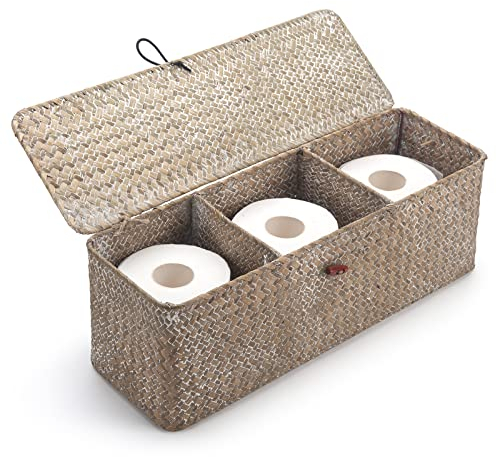 Weißwäsche Seegras Aufbewahrung Korb mit Deckel Natürliches Gewebt Geflochtener Rechteckig Regalkörbe mit Abschnitten zum Organisieren von Snackspielzeug (42cm x 14cm x 14cm)