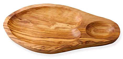 Cleminson Olive Wood Hand-Carved Appetiser and Tapas Dish with Dipping Section - 29 x 15 cm