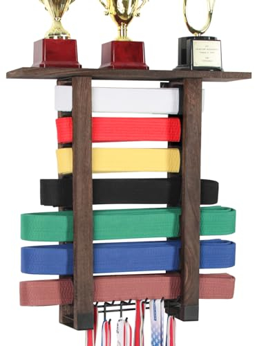 VIEWAY Kampsport träbälte displayhållare hängande väggmonterad ställning för 7 bälten och 12 medaljkrokar – MK1013A