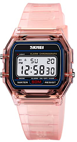 Gosasa Unisex Classic Transparent Color PU Strap Digital Sports Watch Waterproof Casual Digital Watch (Pink)
