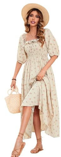 R.Vivimos Women's Square Neck Floral Slim Fit Half Sleeve Dresses Cottagecore Long Midi Dres(Large,Beige#1-Floral)