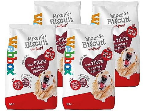 Webbox Mixer Biscuit Dry Dog Food (Adult), Beef - Wholegrain Cereals and Fibre for Healthy Digestion, Feed with Wet Food, Made in the UK (4 x 2kg Bags)