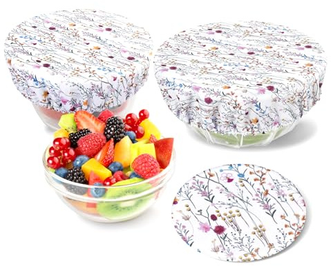 PHOGARY 3 Reusable Food Covers, Stretched Bowl Cover Lids, Fabric Elastic Lids, Fits Various Sizes Glass Container, Durable, Non-Stick Storage Covers for Keeping Food Fresh (Floral B)