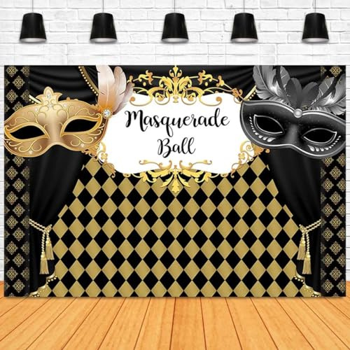Masquerade Ball Dance Party Backdrop for Party Decorations Black and Gold Masks Photo Background Masquerade Mask Girl Birthday Party Carnival Decor Photoshoot Background Photo Studio,8X6FT