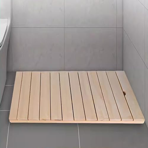 KDDEON Tapis de Bain en Bois Rectangulaire Antidérapant,Caillebotis de Douche,Tapis de Séchage,Tapis de Cuisine,Design à Lattes,avec Pieds Antidérapants,pour Seuils,Sauna,Baignoire (45x45cm/18x18in)