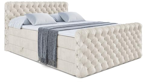 ALTDECOR Boxspringbett mit Matratze und Lattenrost, Topper, Fußteil,Polsterbett mit Bettkasten, Bett mit Stauraum H3- und H4- Matratze, Doppelbett - BOXI8-Z King - 180x200 - Beige Samt