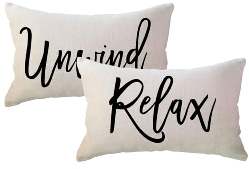 ULOVE LOVE YOURSELF Relax&Unwind Throw Pillow Covers 12x20 Farmhouse Spring Summer Decorative Lumbar Pillowcases Porch Patio Cushion Covers 2Pack for Bedroom Living Room Sofa Couch Home Decor (Beige)