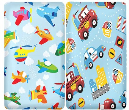 Hiseng 2 Stück Baby Spannbettlaken Bettlaken für Oval & Eckige Matratzen, Weiche Mikrofaser Spannbettlaken Kinderwagen Matratzenschoner für Beistellbett & Kinderwagen (Flugzeuge und Autos,60x120cm)