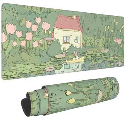 Cute Pink Green Mouse Pad XL 31.5 X 11.8 Inch Kawaii Aesthetic Design Pattern Extended Large Gaming Mousepad Keyboard Desk Mat Non-Slip Rubber Base Stitched Edges for Home Office